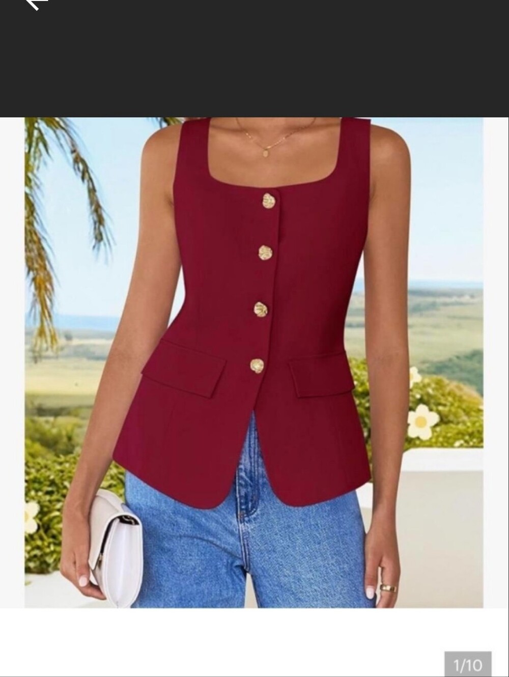 Sleeveless Square-Neck Button Front Top in Burgundy